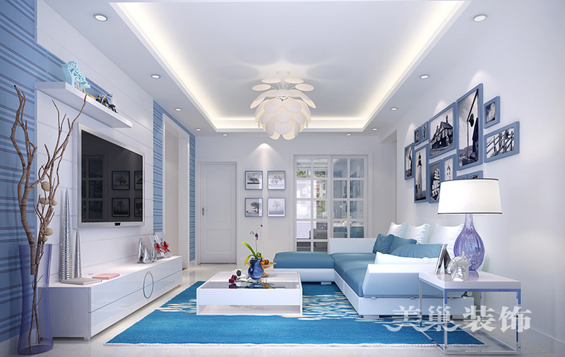 郑州正商城106平装修轻奢风三居室,蓝白色电视背景墙