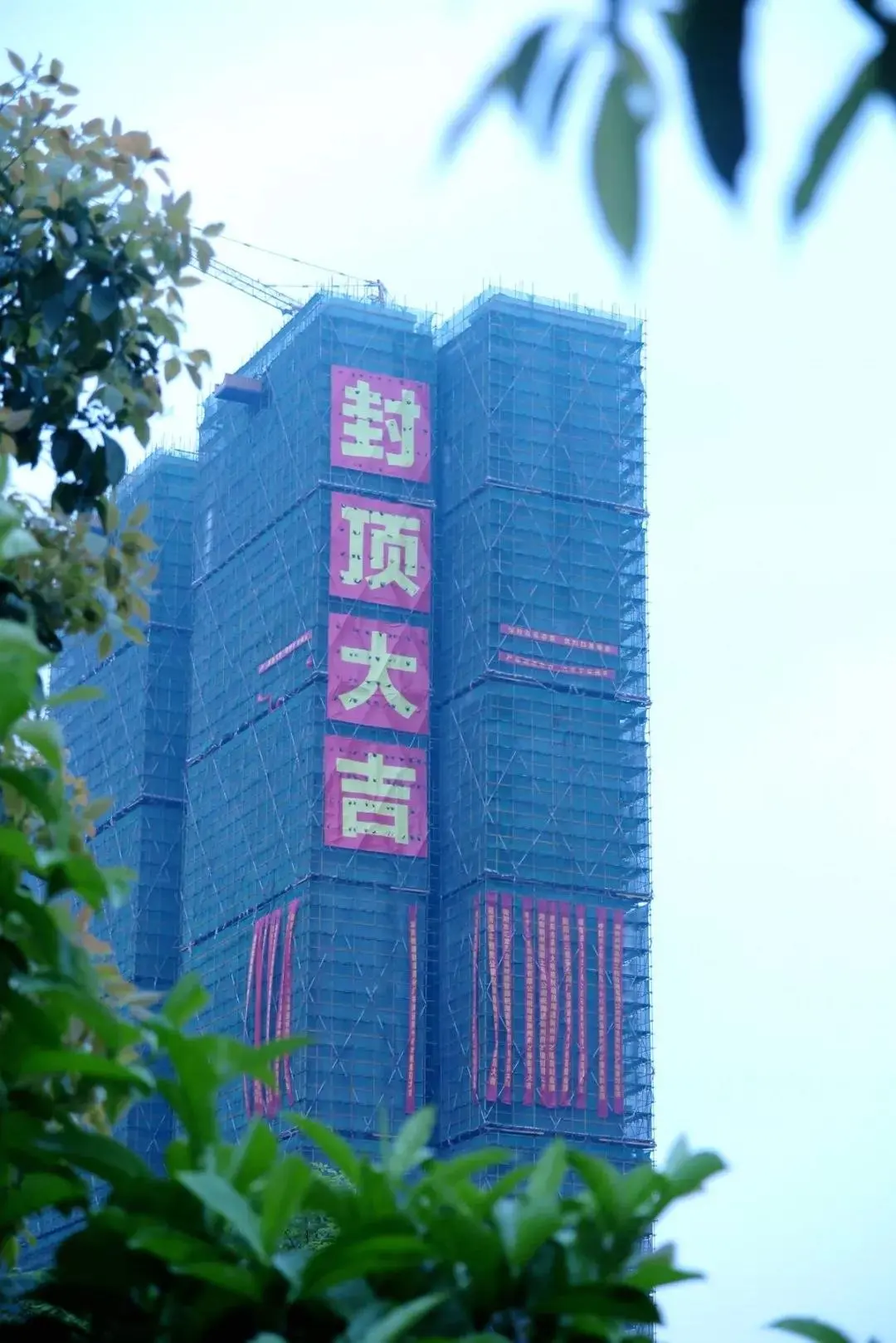 醒目的楼体条幅,坚实伟岸的建筑主体封顶大吉终于,正式封顶!