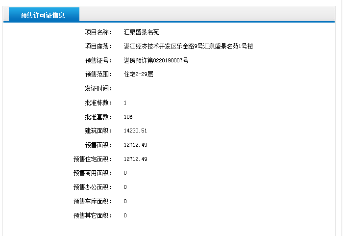 汇泉盛景名苑1号楼获得预售证 共推106套住宅