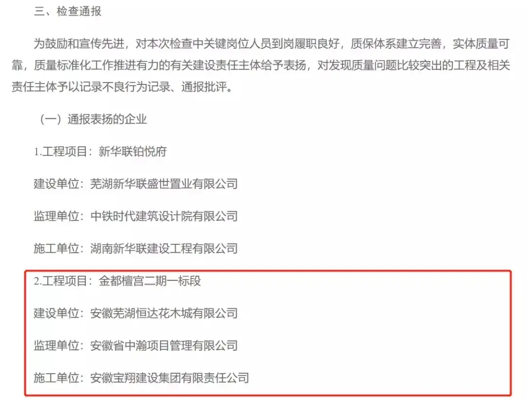 重要！2019年工程质量监督执法检查中，金都檀宫项目喜获通报表扬