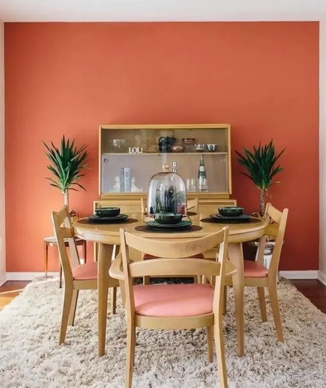 涂料中的珊瑚红,是创造一个温暖而安静的客厅的好选择,内含橙色和棕色