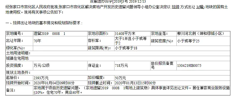 涉历史遗留问题！宣化坤和绿城约85亩土地即将挂牌