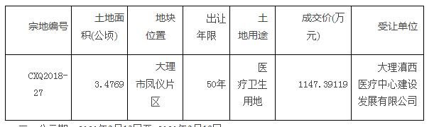 大理滇西医疗以1147.39119万元总价中标凤仪一宗医疗用地