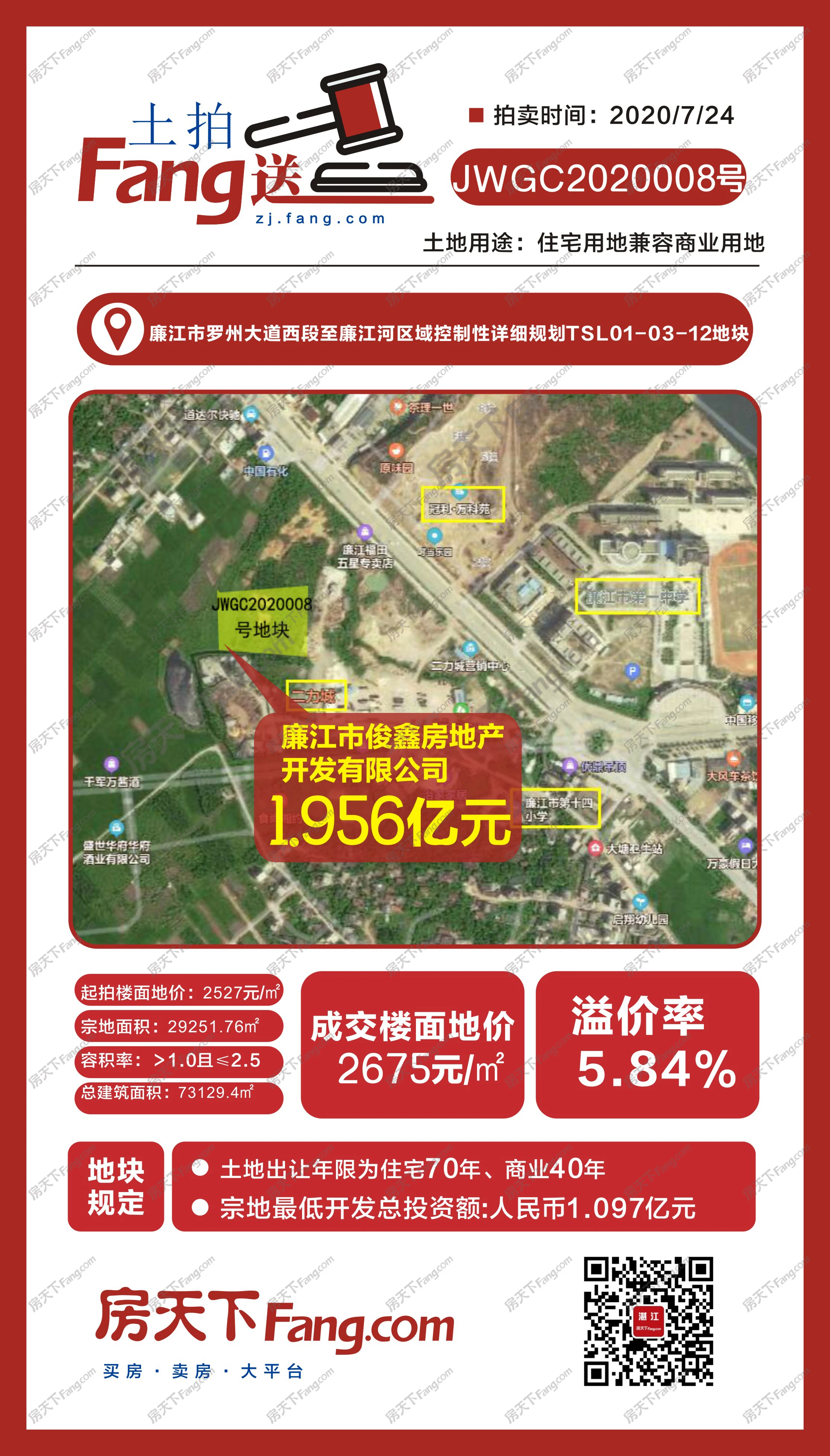 湛江土拍：廉江2宗商住用地拍出 总出让面积为53226.06㎡ 总成交价3.26亿元