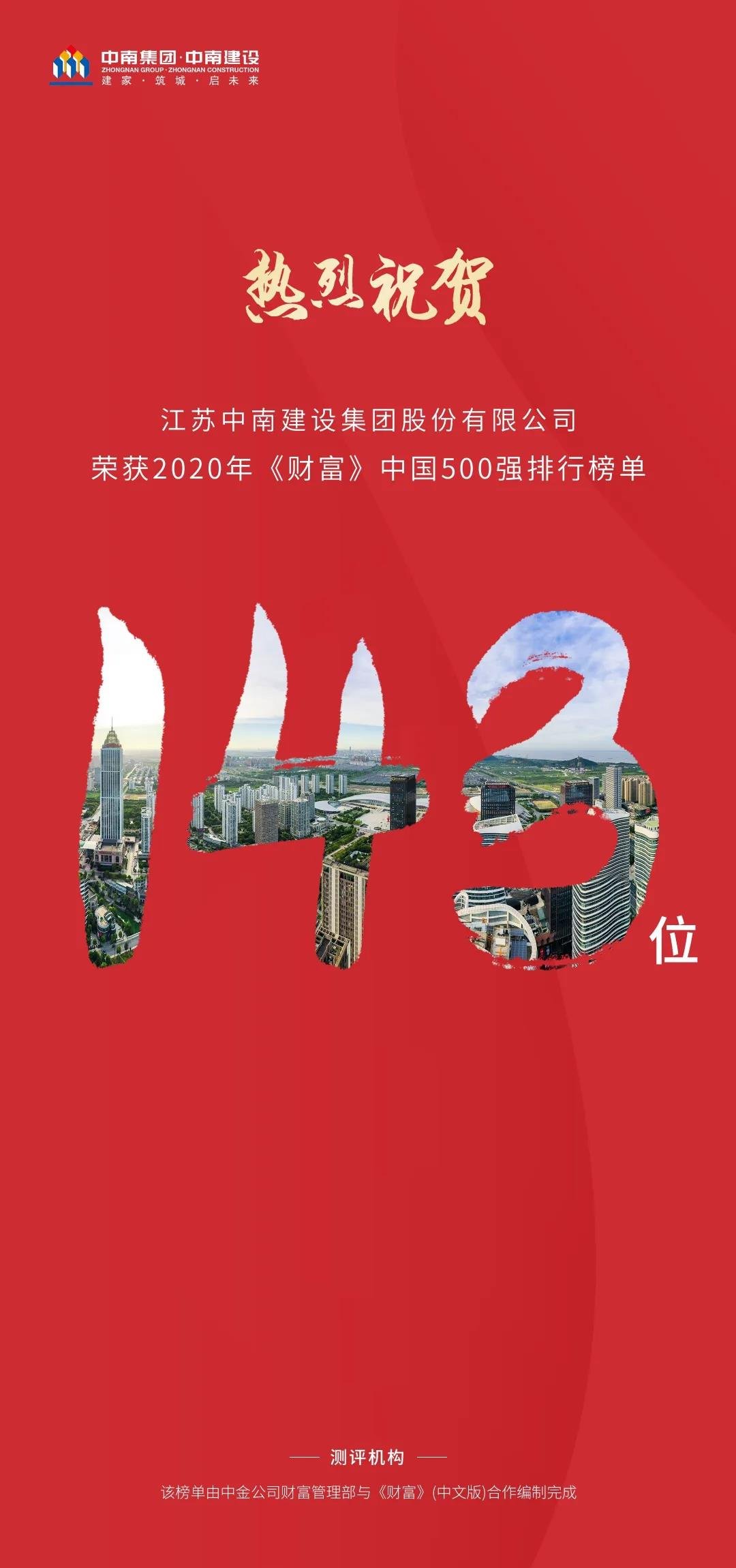 中南荣获2020年《财富》中国500强排行榜单第143位，排名跃升81位