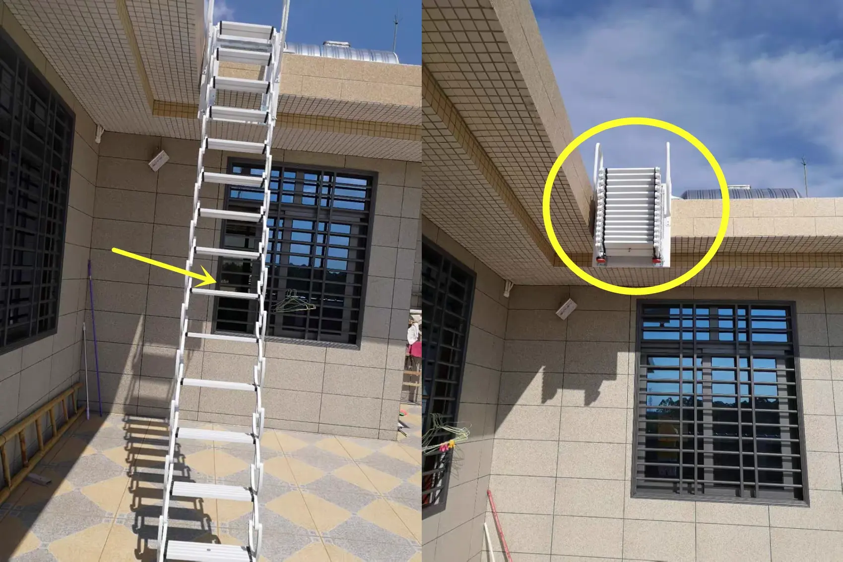 羡慕吧幸亏我有个院子能在室外装个折叠楼梯不用就能收起来