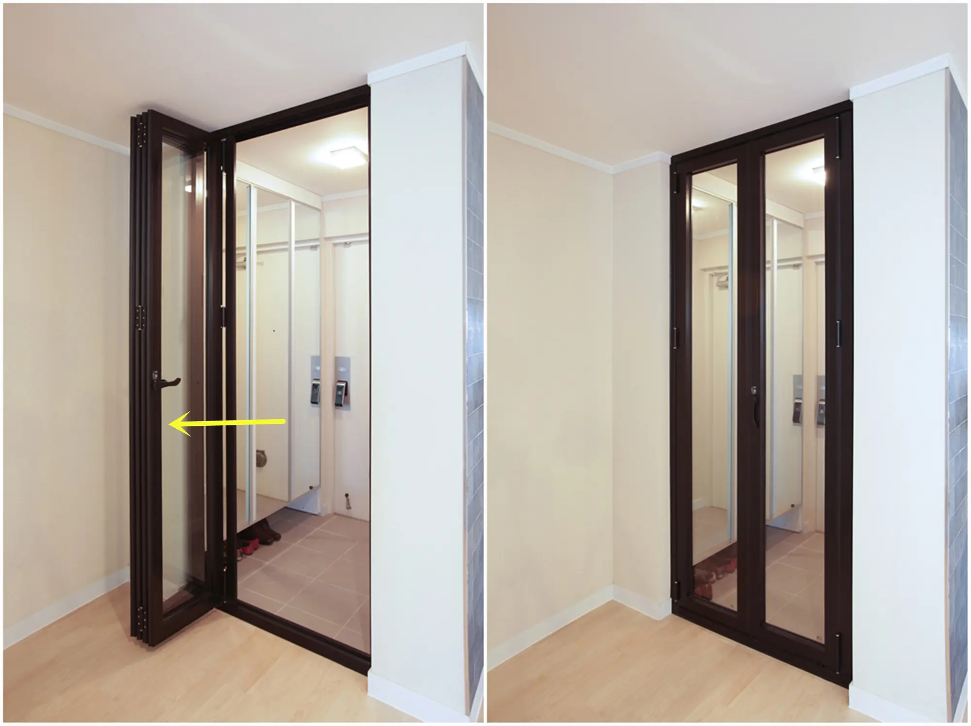 因此韩国人就想出了个主意,在玄关走廊尽头装扇玻璃折叠门,这样风尘仆