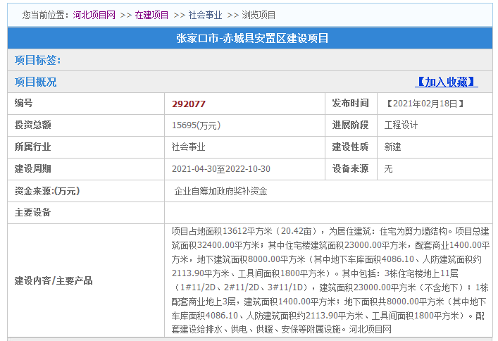 15695万投资！占地20.42亩！2月张家口一县安置区有新进展