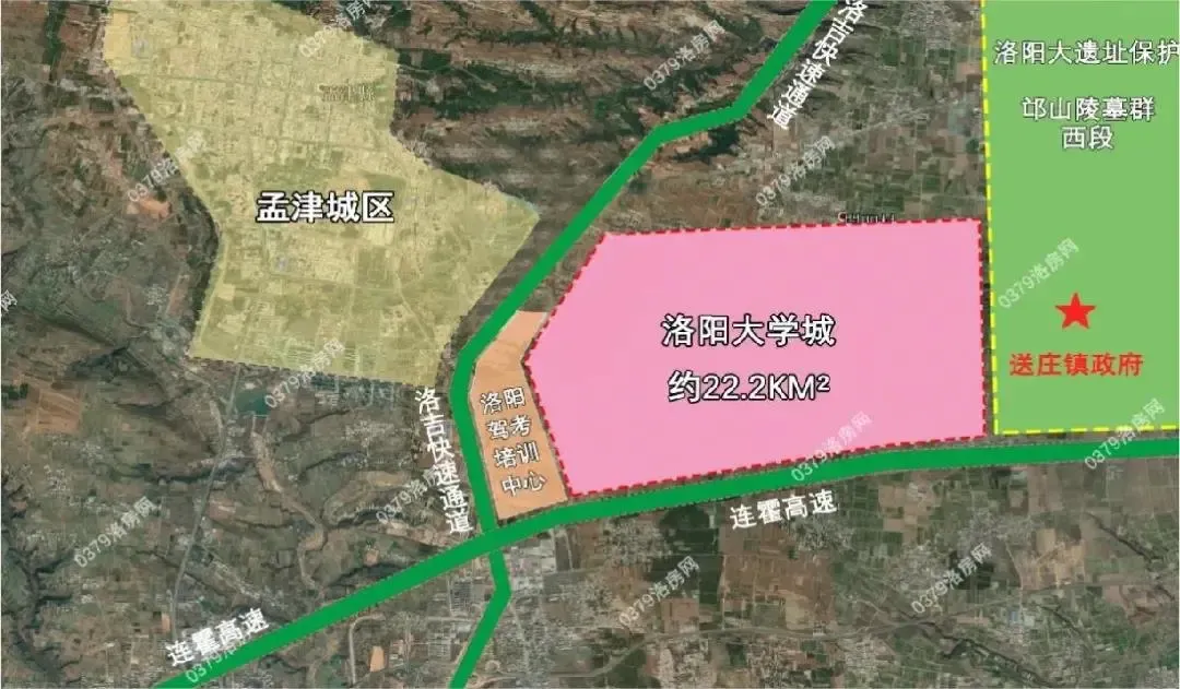 洛阳大学城位于洛吉快速通道以东,连霍高速以北,送庄镇以西,总面积22