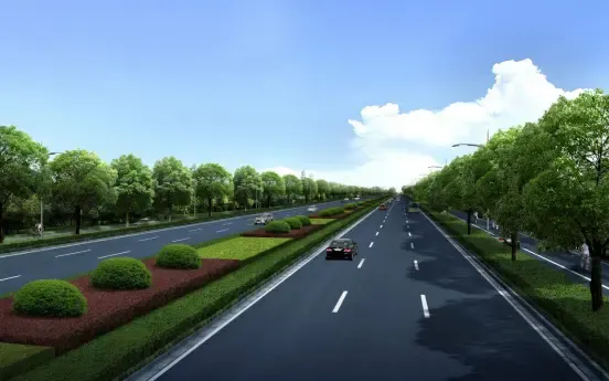 效果图上虞段全长14.28公里,按一级公路双向六车道标准设计,路基宽45.