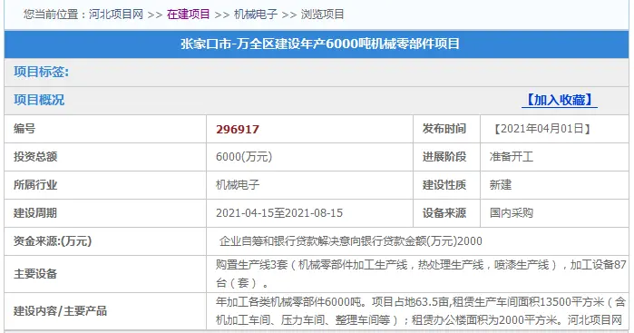 占地63.5亩！4月张家口年产6000吨机械零部件项目公示