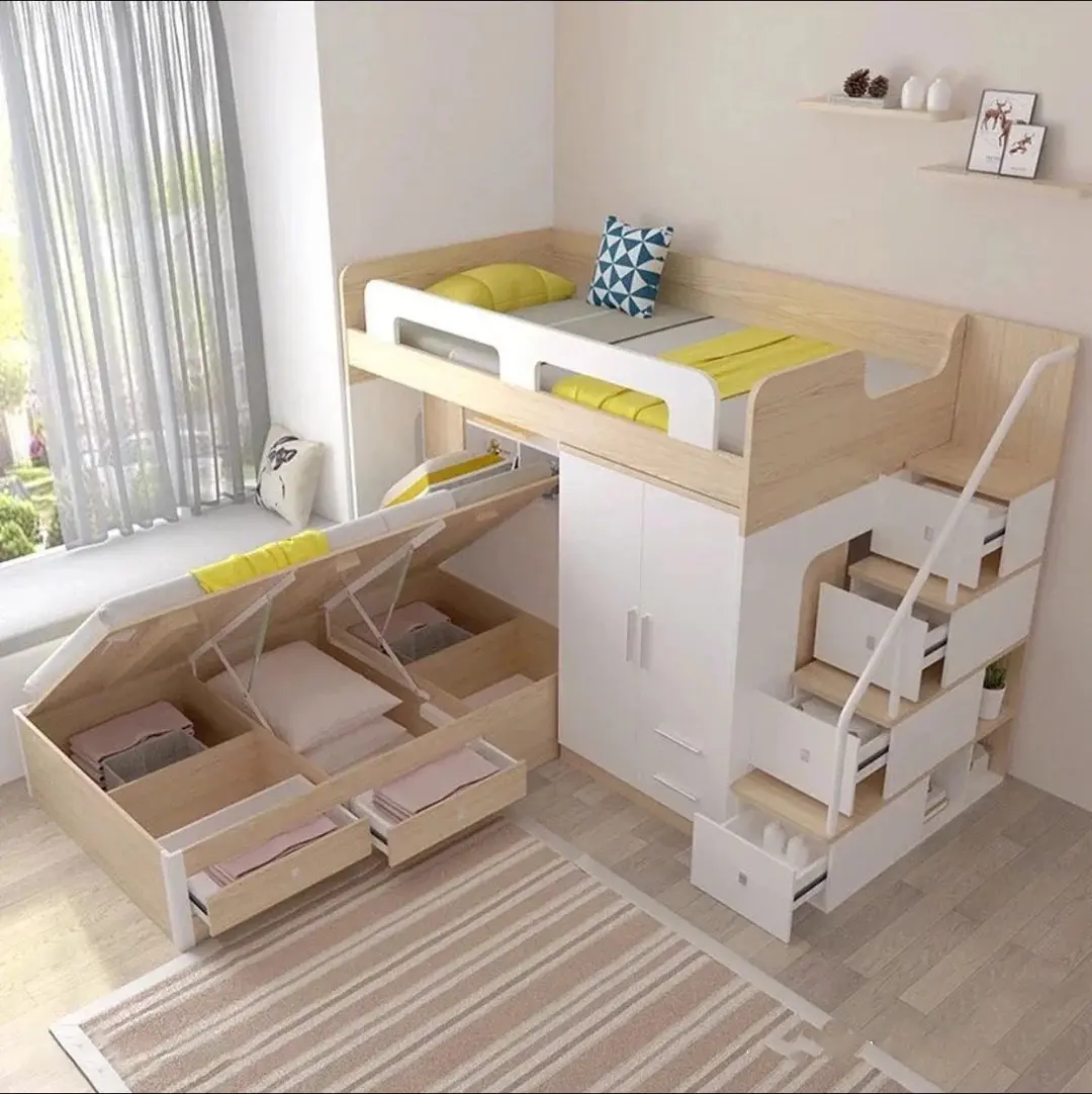 比起普通的上下铺现在流行这种l型高低床又能多一倍收纳面积