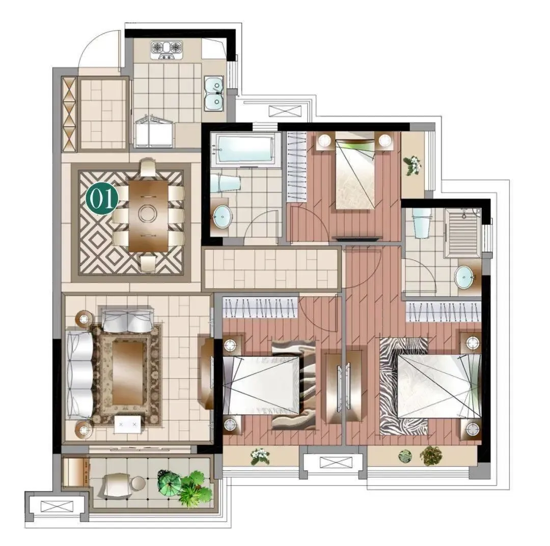 建面约99㎡三房户型图比如建面约99㎡的三房,整个布局相当方正实用