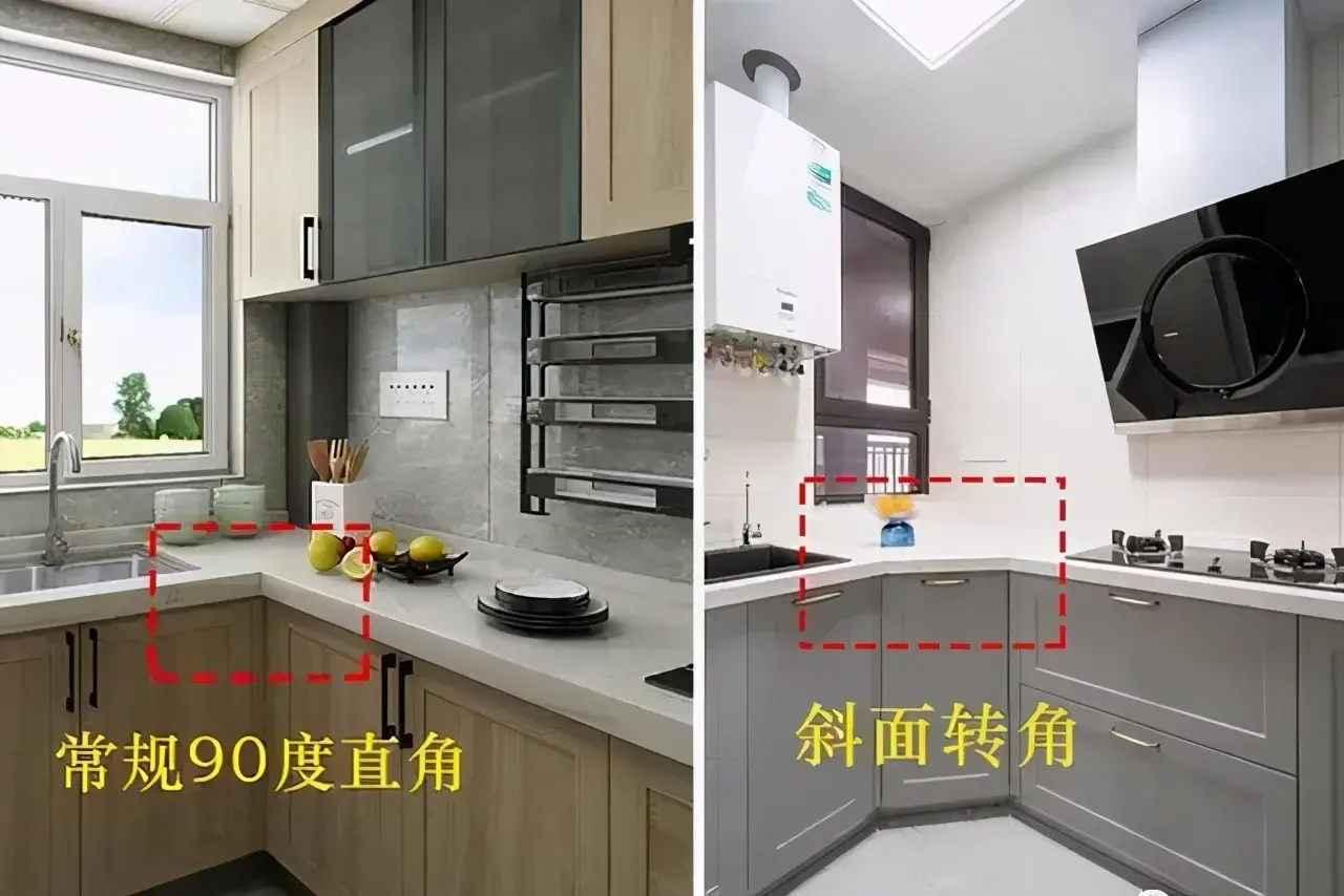 对于l型或者u型的橱柜来说,直角转角是很尴尬的,放不了什么东西而且