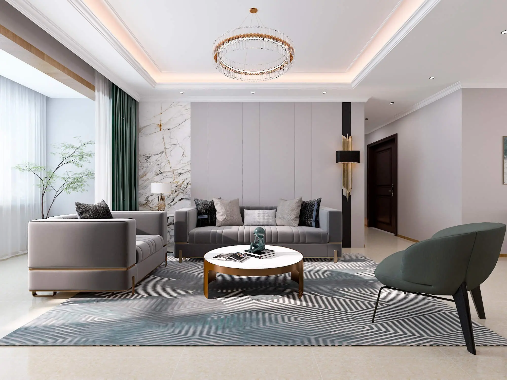 客厅沙发背景墙石材与硬包的对比,质感强与弱的对撞,简洁的墙面造型又