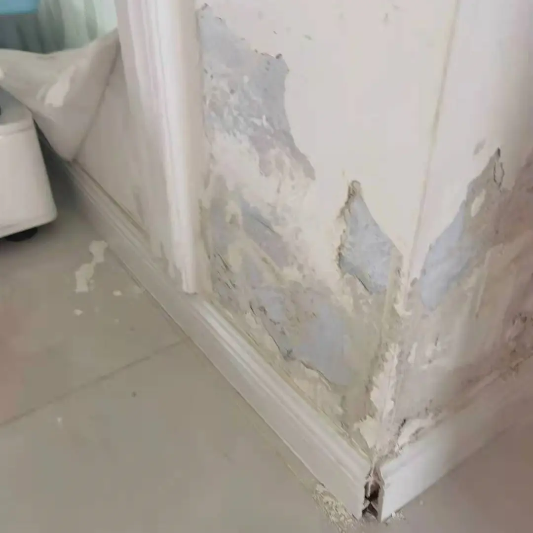 到了工地以后,业主给我说卫生间门口两侧的墙皮都已经脱落了,天天往下
