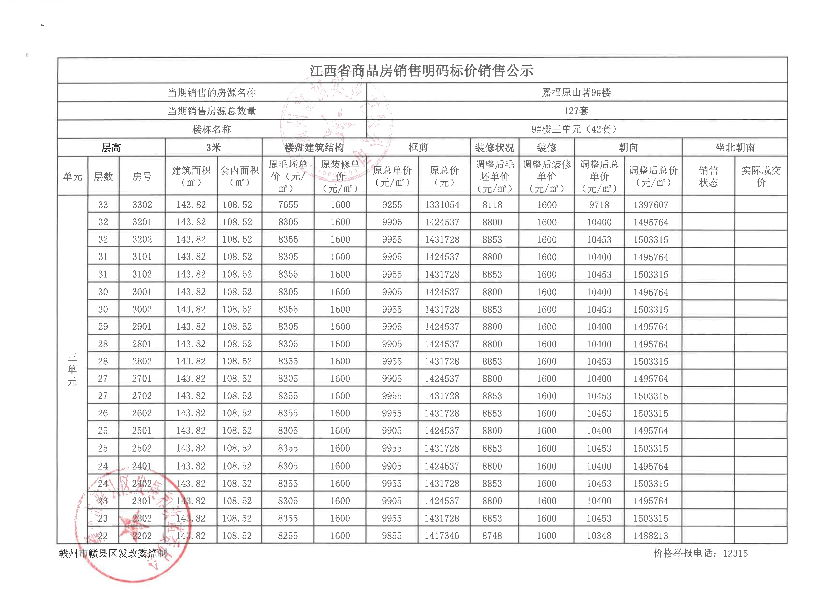 嘉福原山著7#、8#、9#楼部分商品房销售价格公示备案