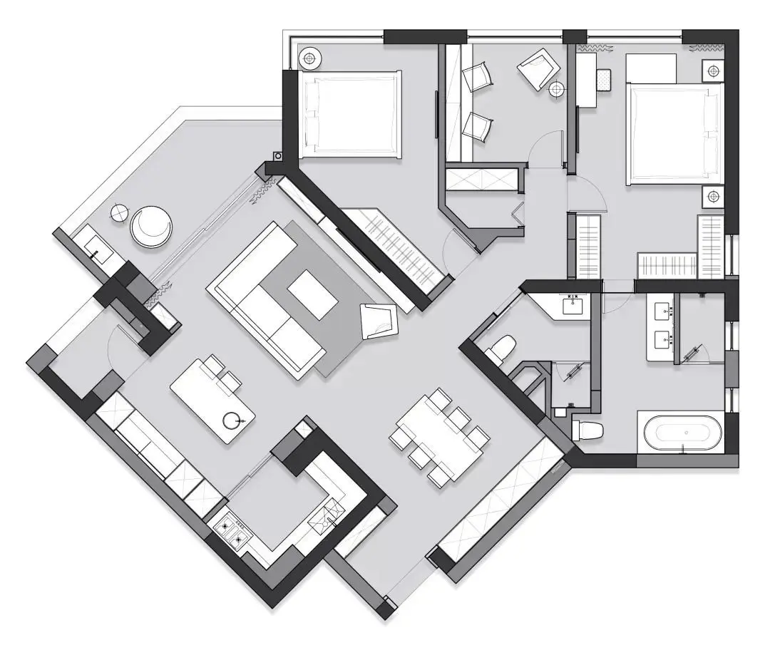 原始结构图本次案例的户型是不规则的格局和狭长的走廊,设计师转变
