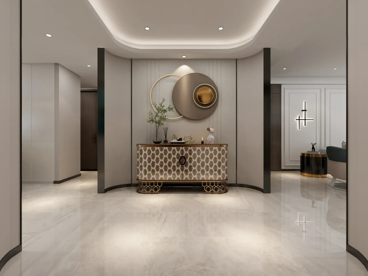 入户玄关硬包饰面与弧形隔断形成包容的一个大空间,黑色金属条收口的