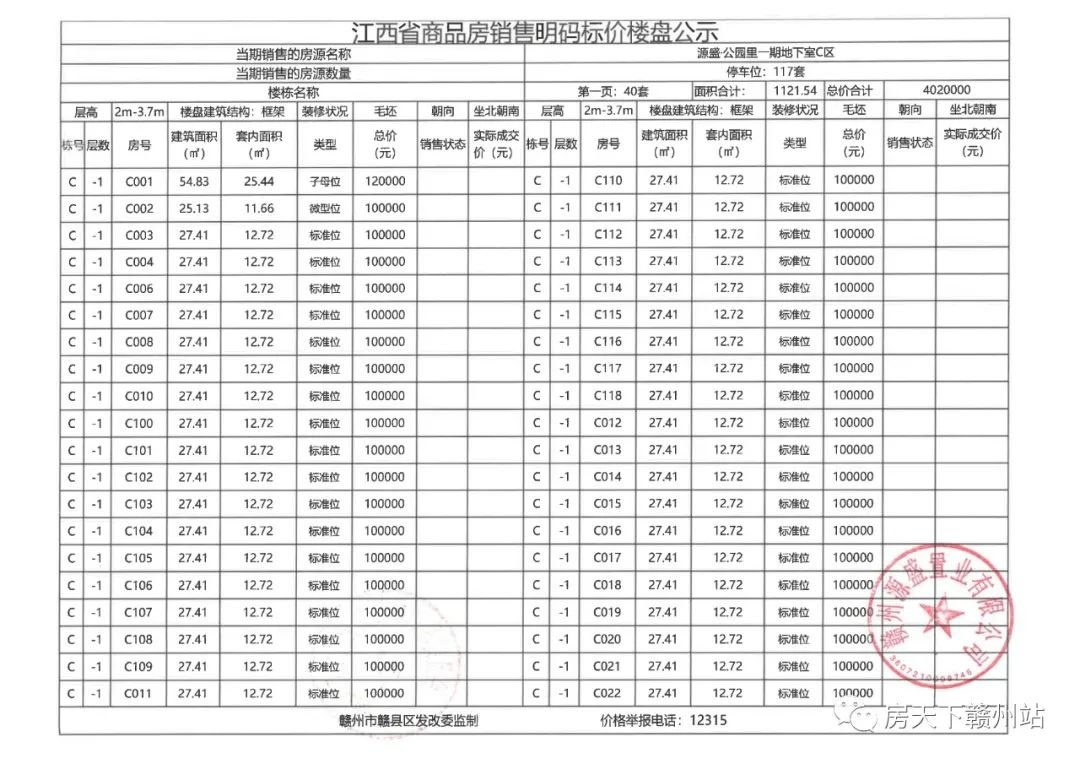 源盛公园里一期地下车位销售价格公示备案