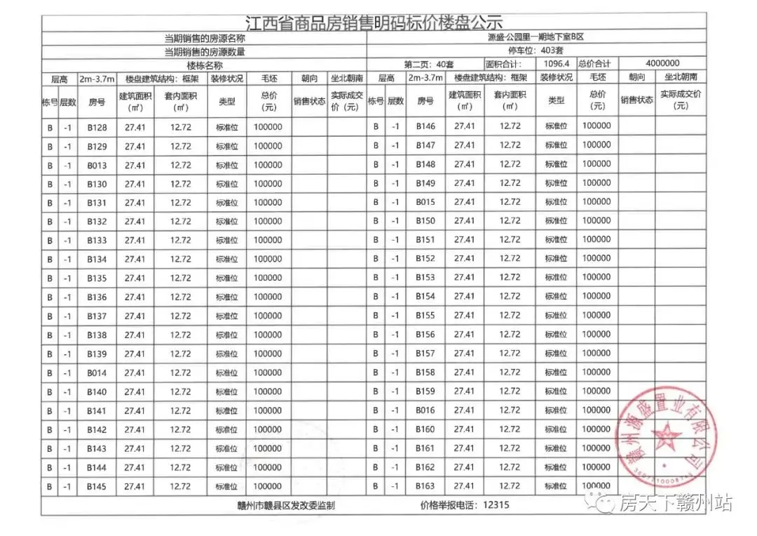 源盛公园里一期地下车位销售价格公示备案