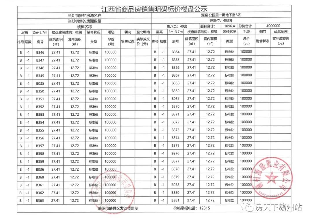 源盛公园里一期地下车位销售价格公示备案