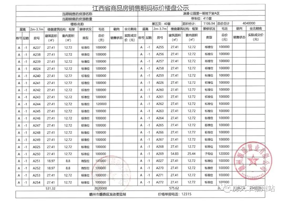 源盛公园里一期地下车位销售价格公示备案