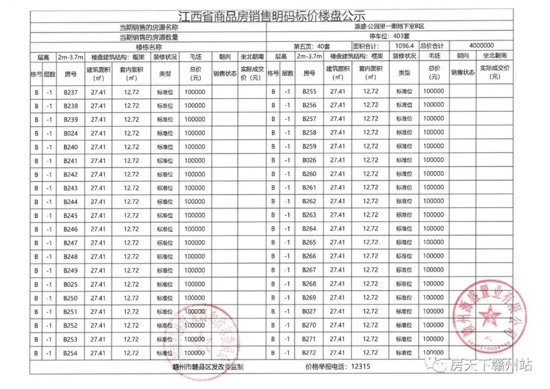 源盛公园里一期地下车位销售价格公示备案