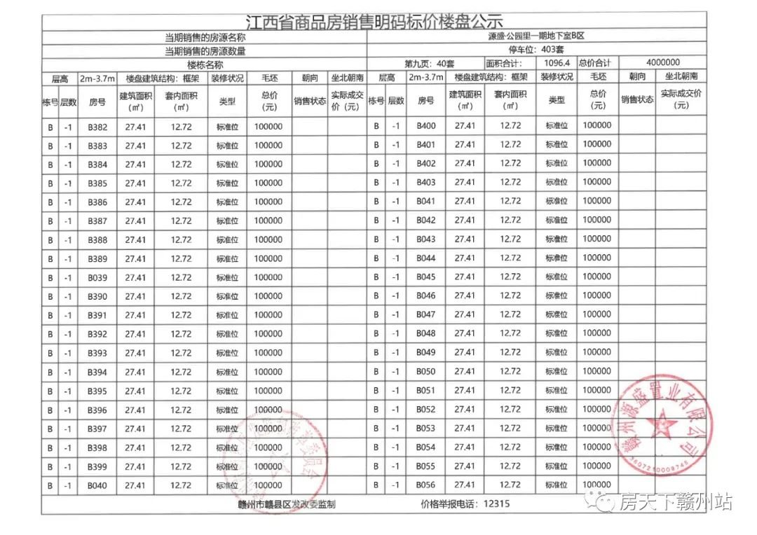 源盛公园里一期地下车位销售价格公示备案