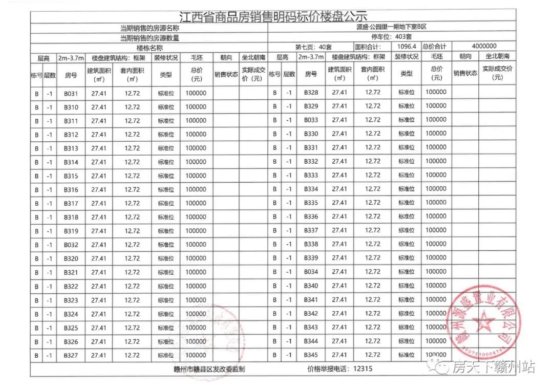 源盛公园里一期地下车位销售价格公示备案