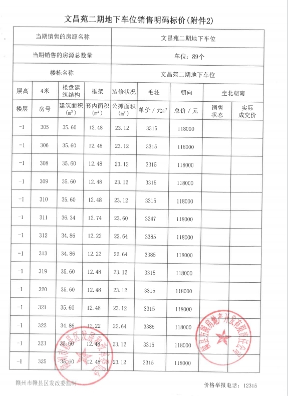 文昌苑二期地下车位和杂间销售价格公示备案