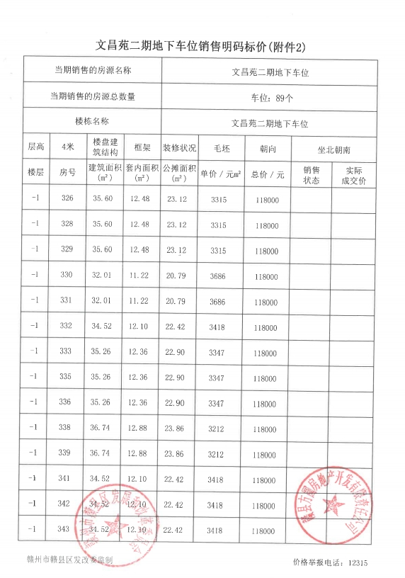 文昌苑二期地下车位和杂间销售价格公示备案