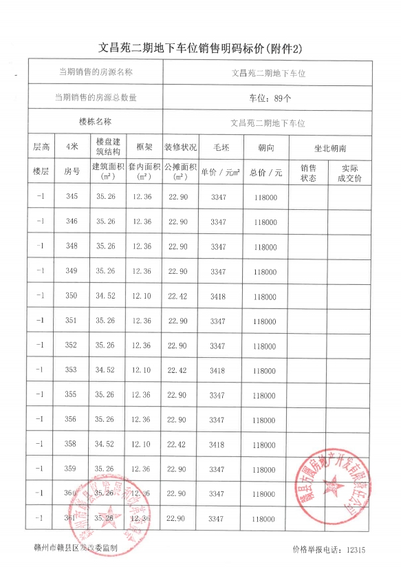 文昌苑二期地下车位和杂间销售价格公示备案