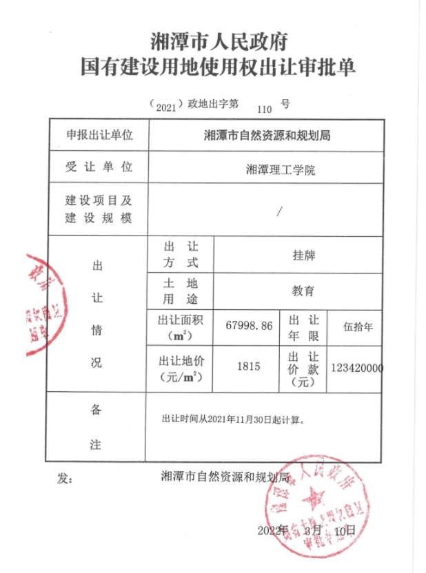 湘潭理工学院 （2021）政地出字第110号