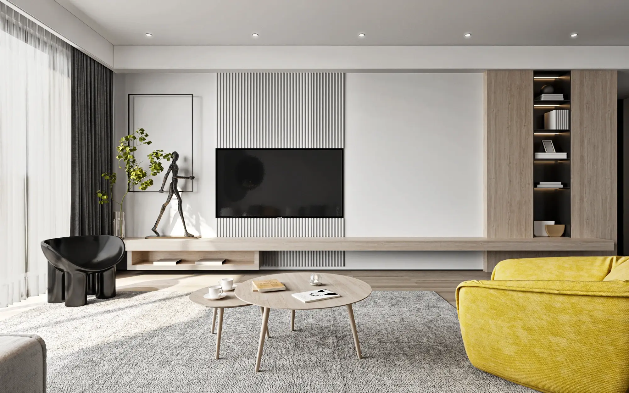 成都130平现代风无主灯设计灰色与白色搭配原木色很经典