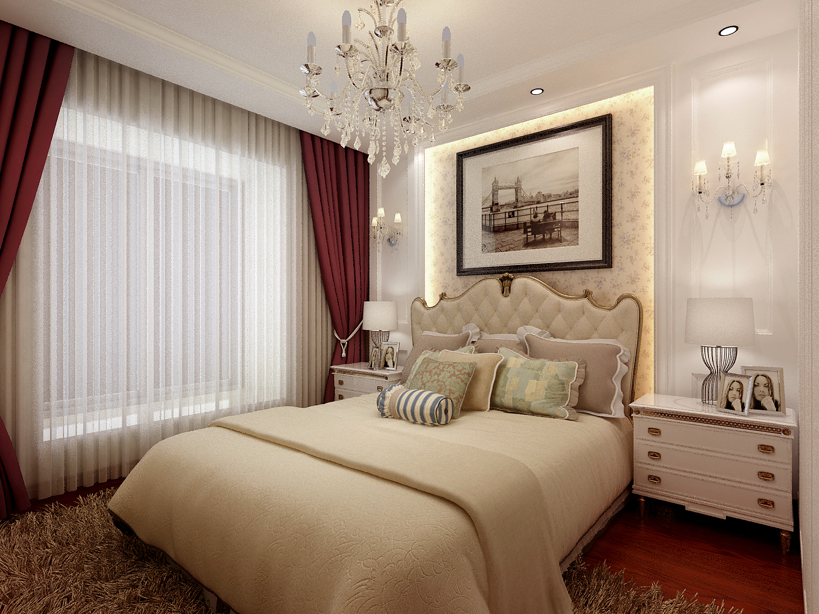 主卧室床头背景墙采用凹凸造型，加入灯槽造型，白色墙面跟壁纸形成层次感，再加上两个对称壁灯，特别符合简欧的优美。.jpg