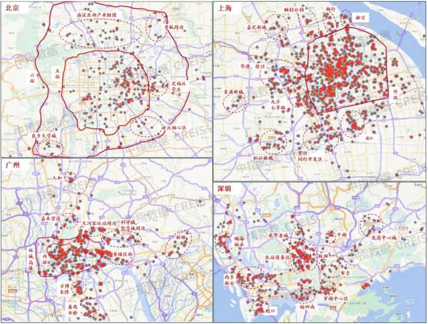 图：北京、上海、广州、深圳已开业集中式长租公寓项目分布图