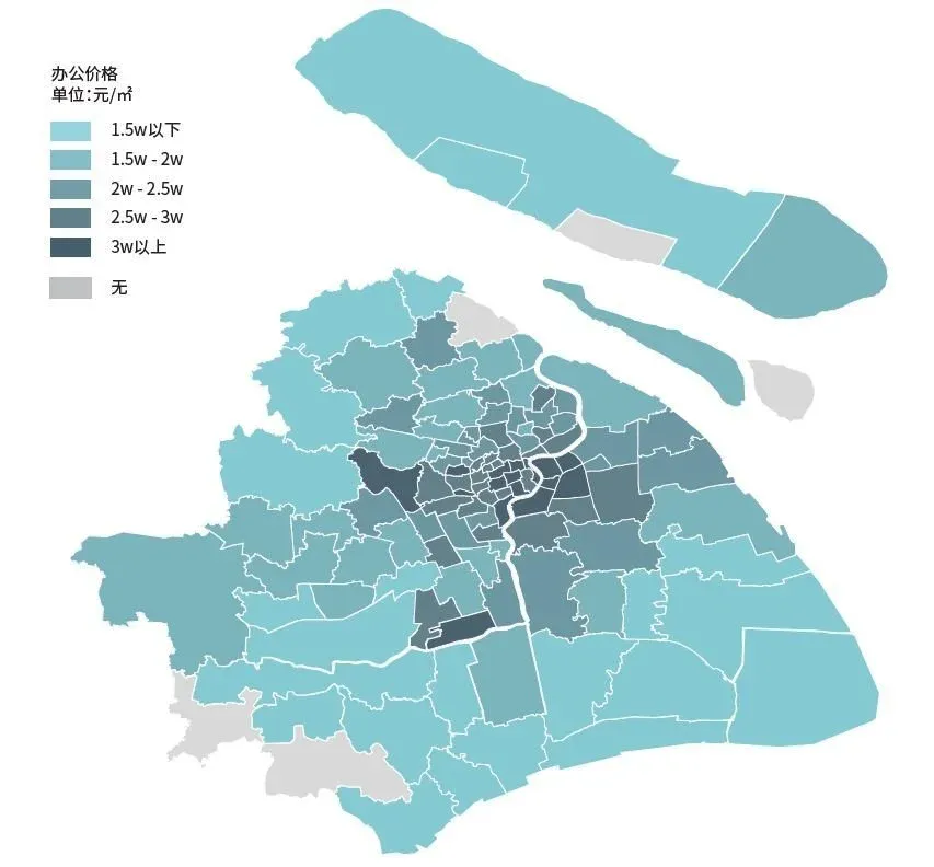 2019年一季度,上海各板块办公楼的监测基价仍呈现出由内向外递减的