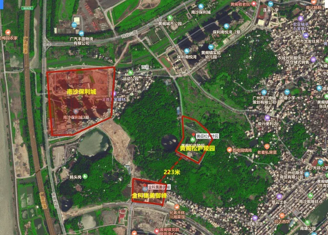 金科集美御峰北面居然有个比项目还大的黄阁松庐陵园,直线距离仅200