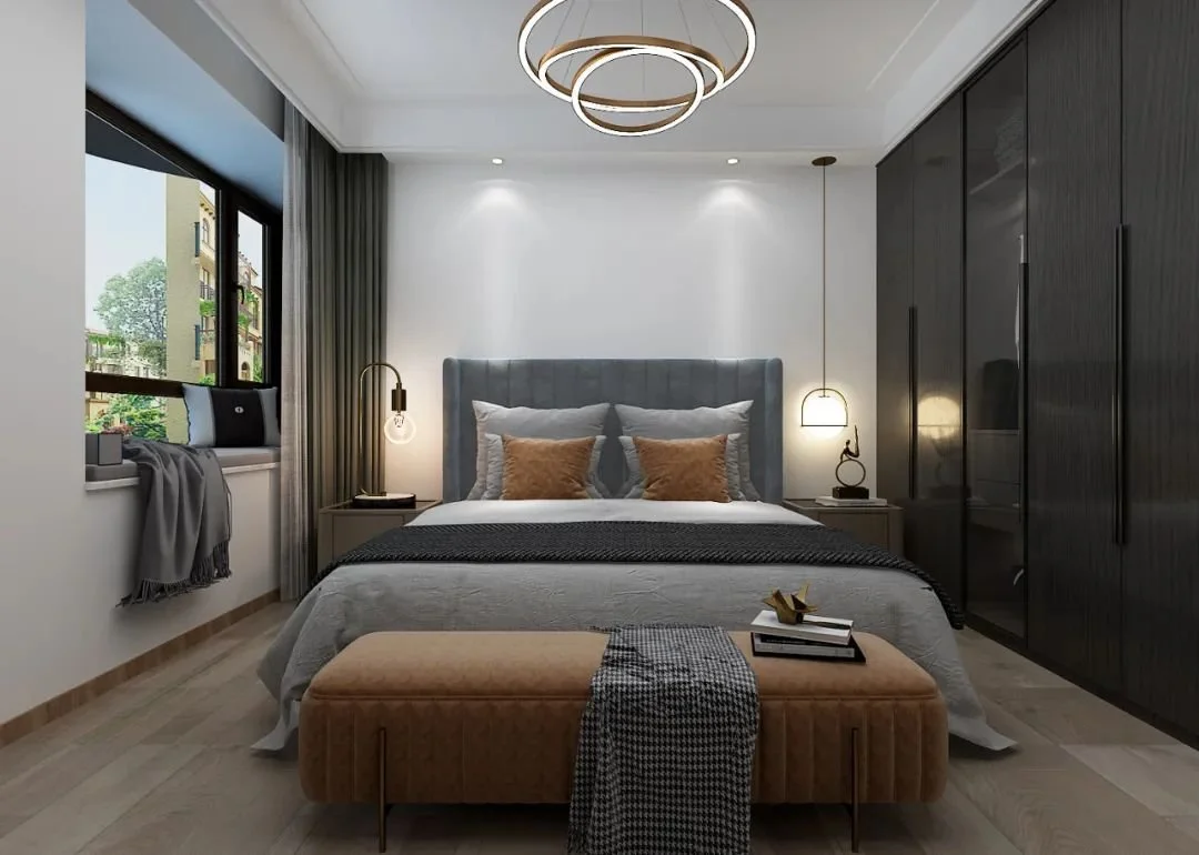 次卧儿童房卧室地面材质选用了木地板,装饰上也选择了相对简单的眉线