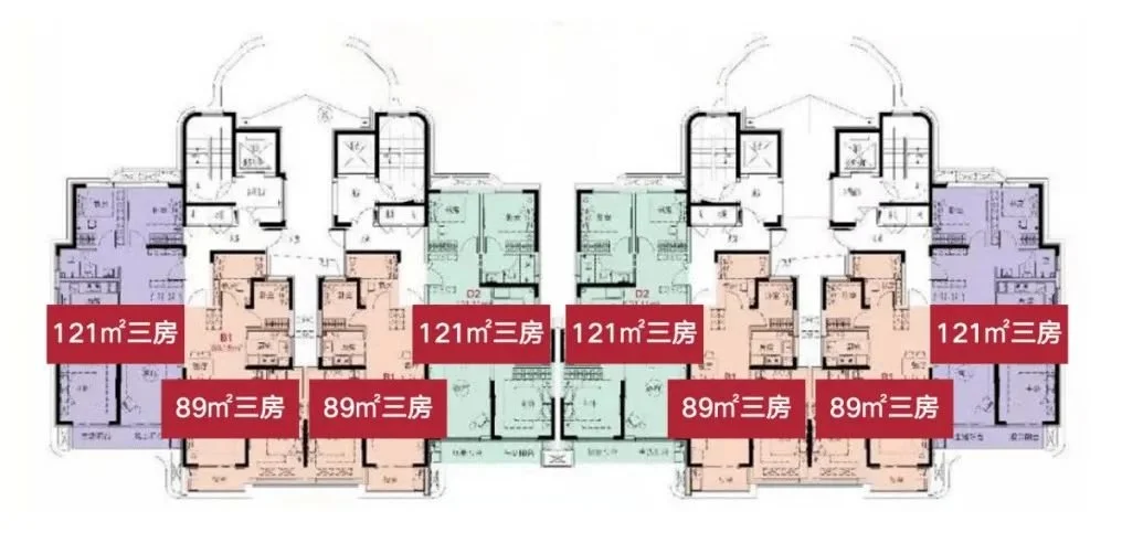 非连廊的这两类户型的2梯4户,2梯3户,楼层平面示意图通常如下:楼层