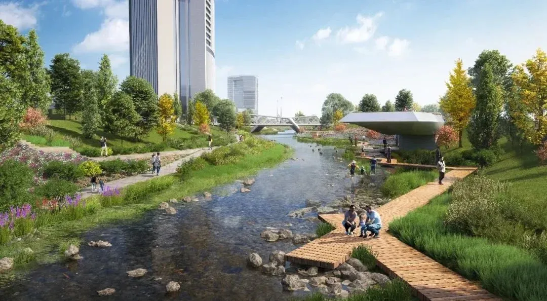 效果图打破传统蓝绿线之间的限制,将公园绿地,生态绿地,河道内绿地