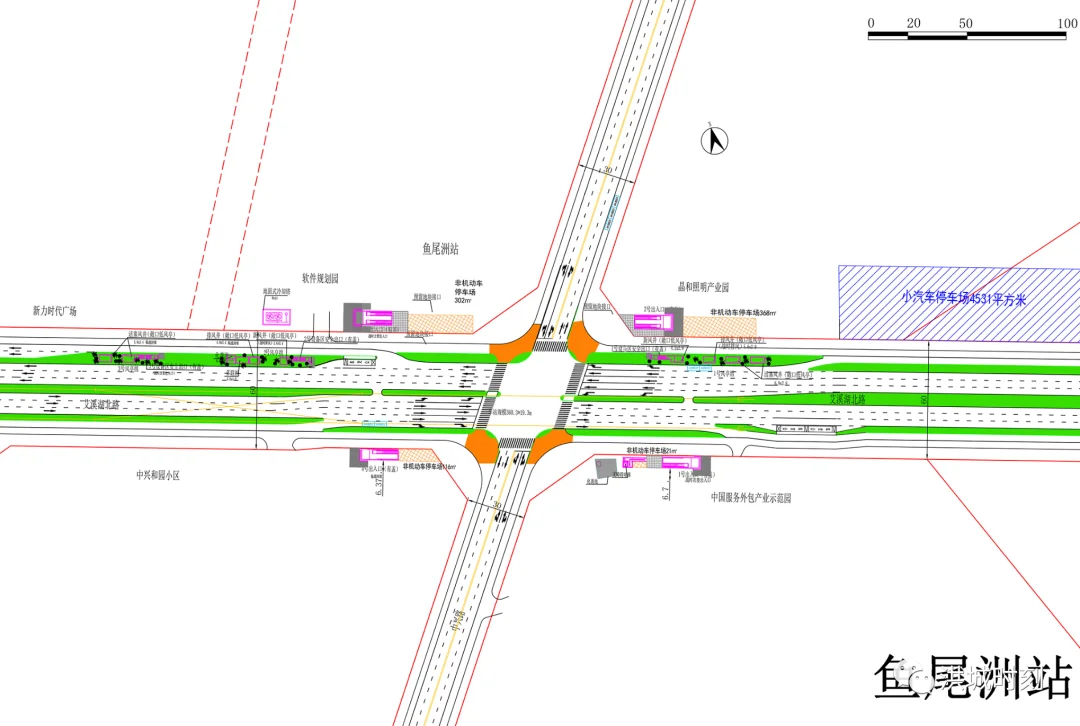 鱼尾洲站位于艾溪湖北路与中兴路交汇处,共设4个出入口,该站为地下