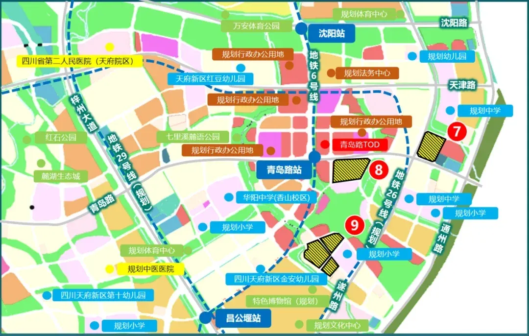 三宗土地均在中央法务区产业集聚地周围,距离地铁6号线青岛路站较近.