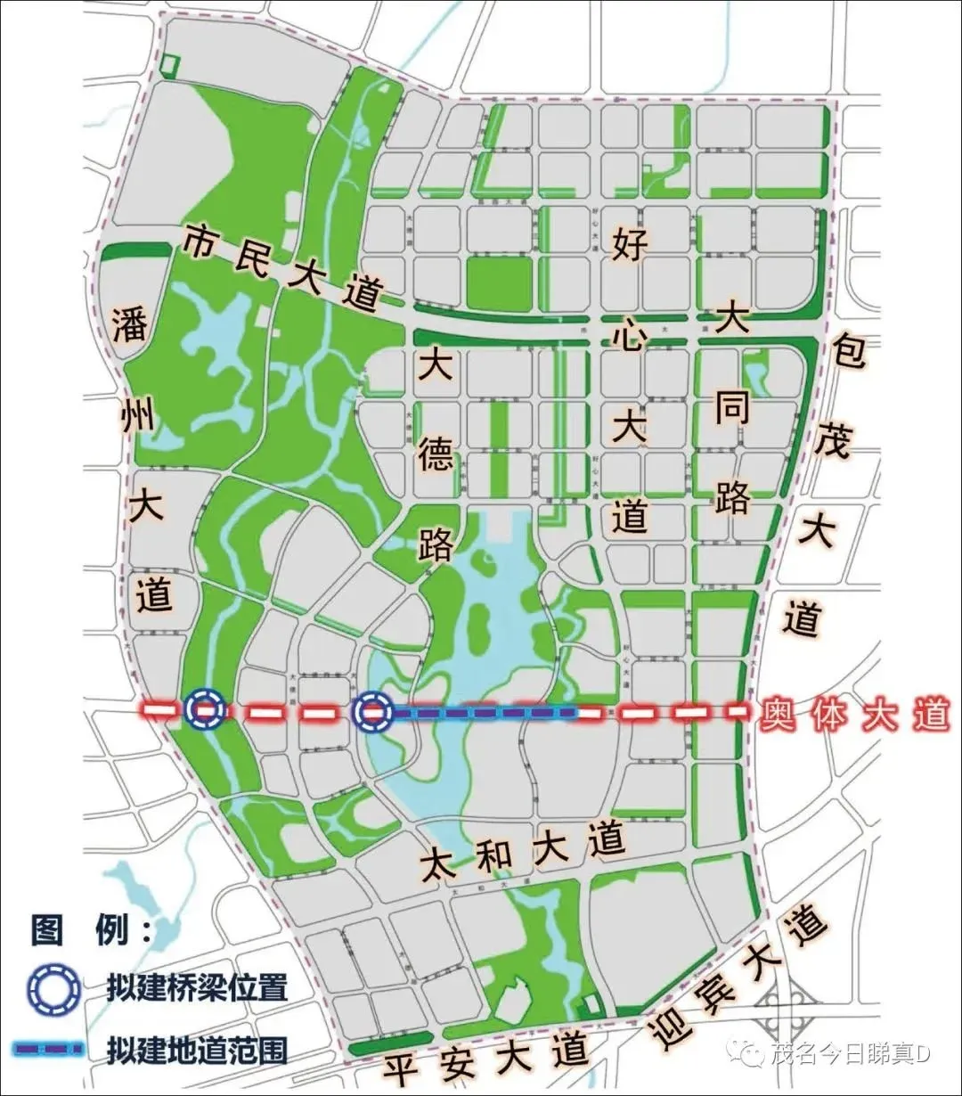 62米,东至包茂大道,西起潘州大道,奥体大道为东西走向,奥体大道设计