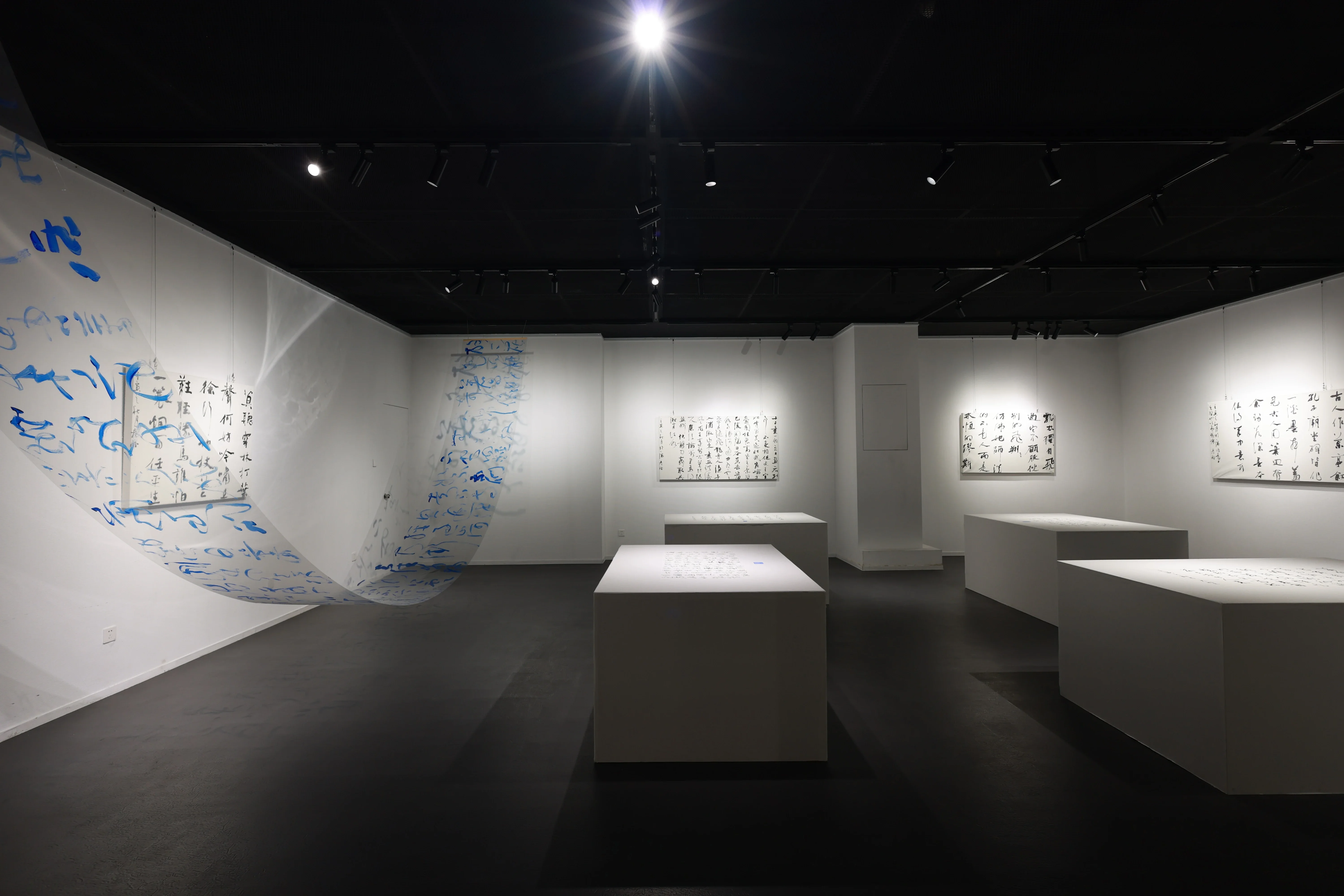 九里艺术空间大厅展出的是2米高的6件大型书法装置,而小厅展出多件80