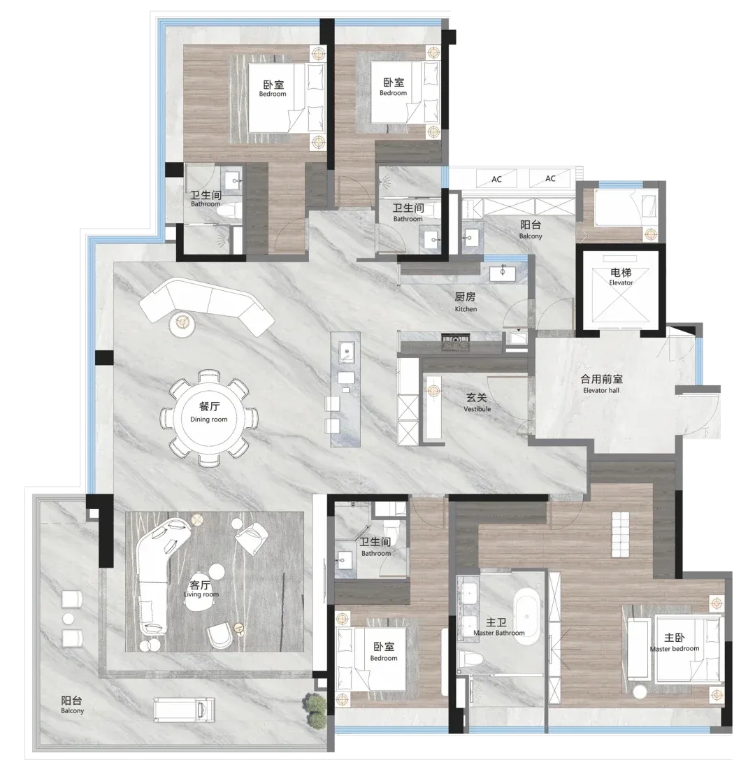 户型图看到,该户型有超大ldkb公区,全屋三面采光,四开间朝南,270