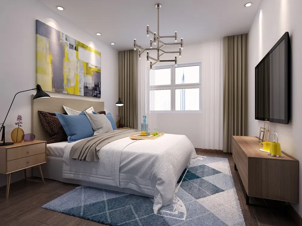 卧室风格与客厅接近,选择了蓝色的主色,床头挂画选用黄色,在冷色调中