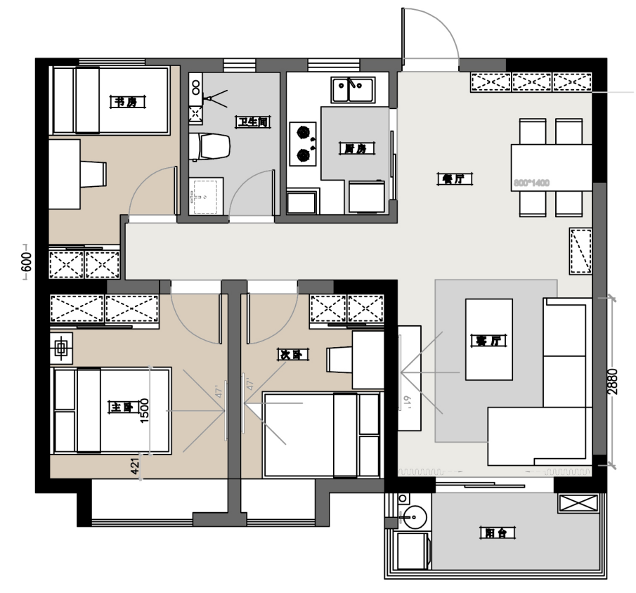 88平米三室户现代简约风格效果图
