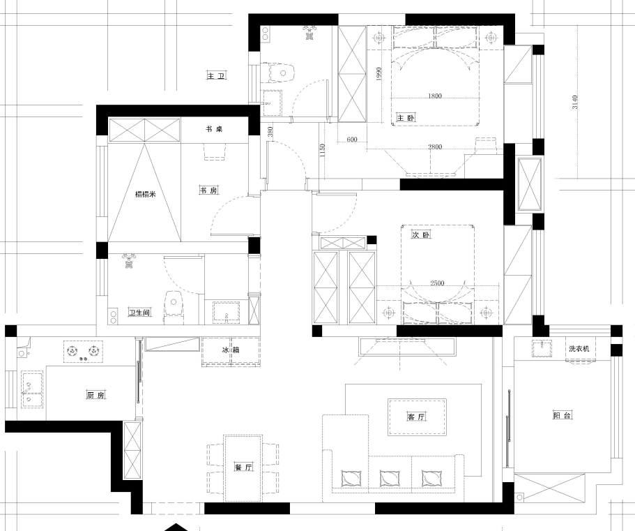 109平米三室户现代简约风格图